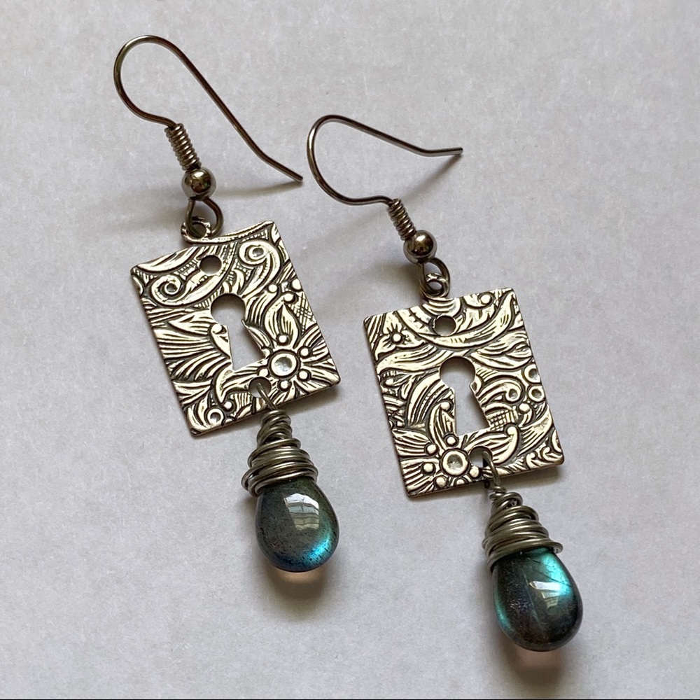 Natural Labradorite Antique Keyhole Earrings
